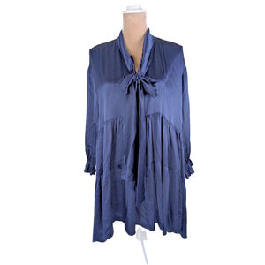 Monica Nera Silk Babydoll Swing Mini Dress XS Navy Blue Alexis Retro Neck Bow